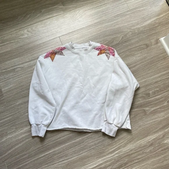 Xirena Estella Star-Appliquéd Quilt Cotton Cropped Sweatshirt Snowdrop Sz XS - Picture 2 of 13